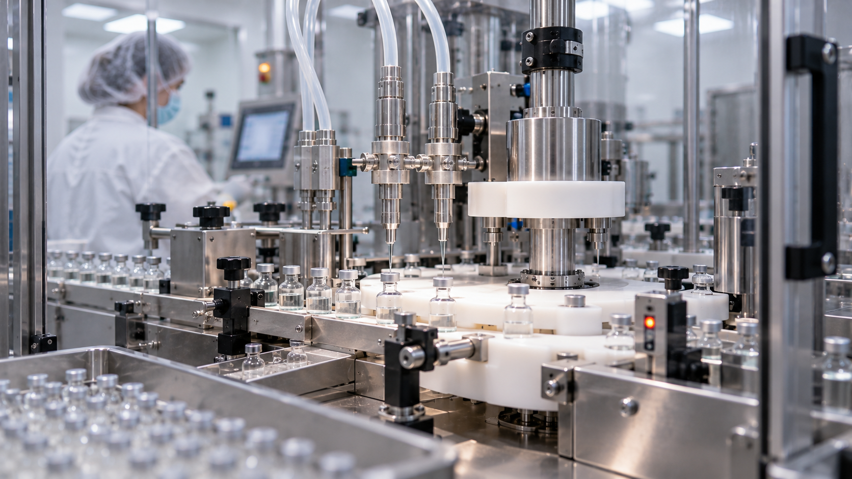 Precision vial filling machine, automated GMP aseptic fill under cleanroom conditions