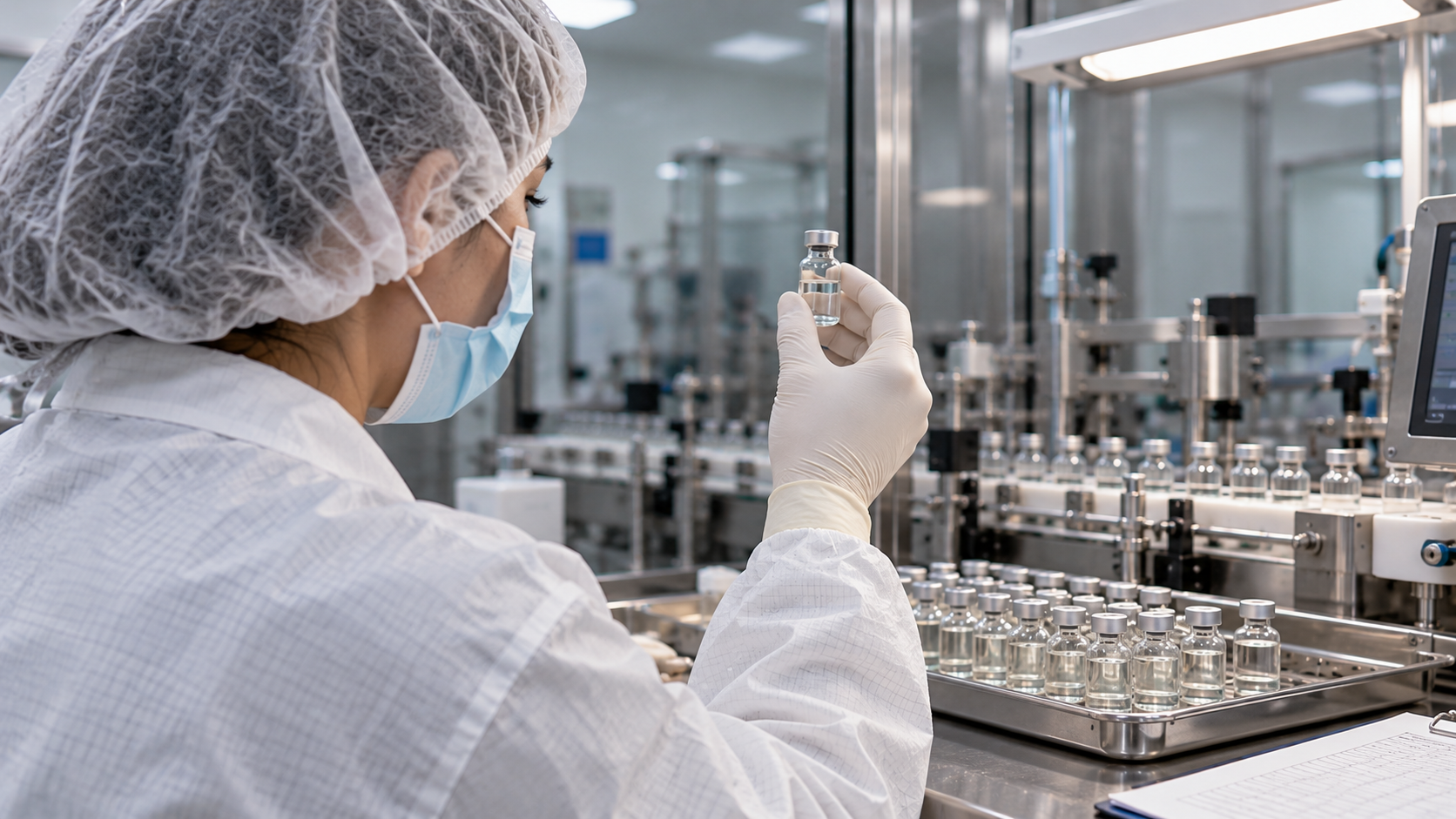 Pharmacist inspecting bacteriostatic water vials in sterile cleanroom